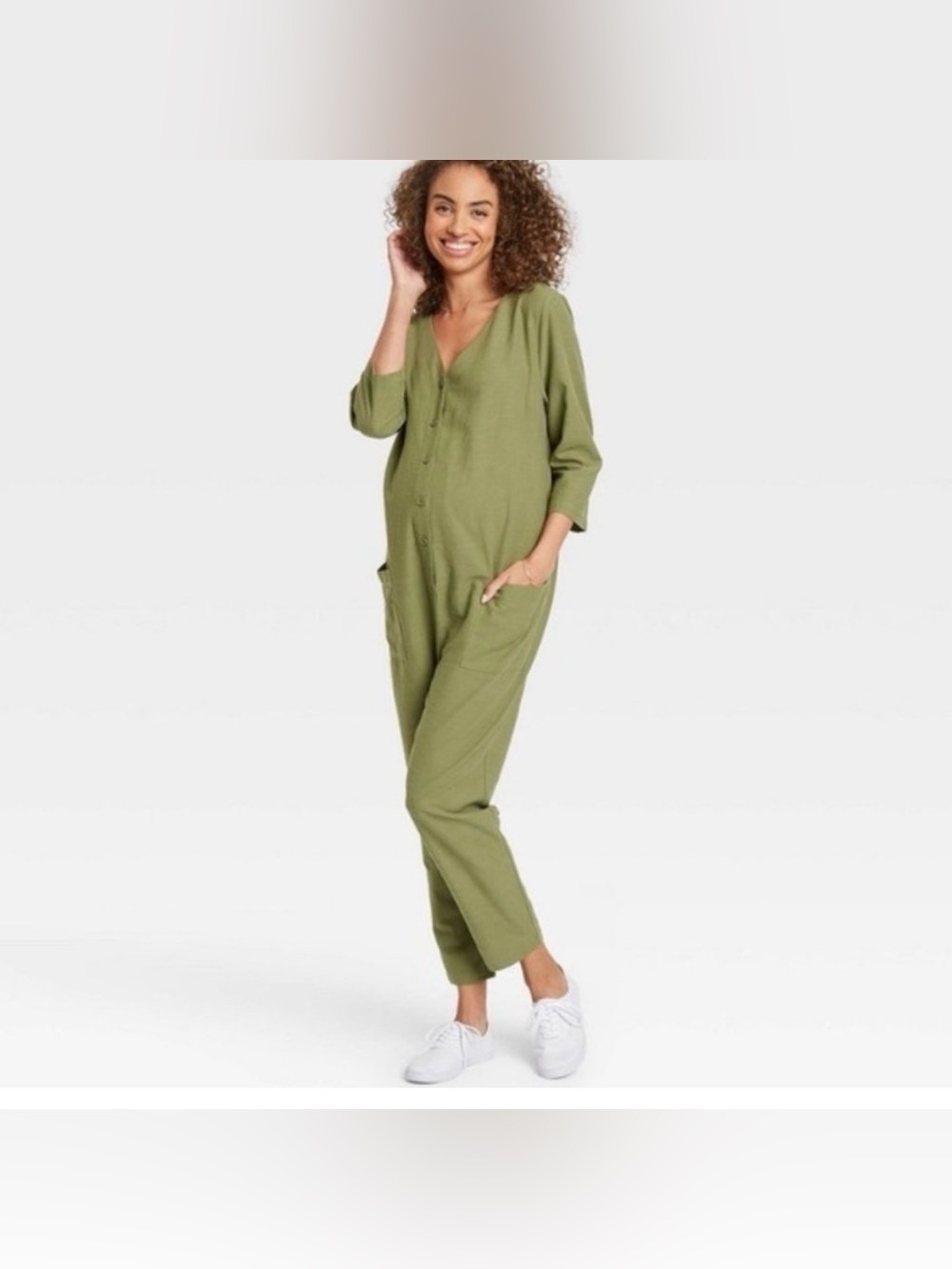 The Nines Hatch Maternity Jumpsuit Olive Green Button Front Romper Pockets